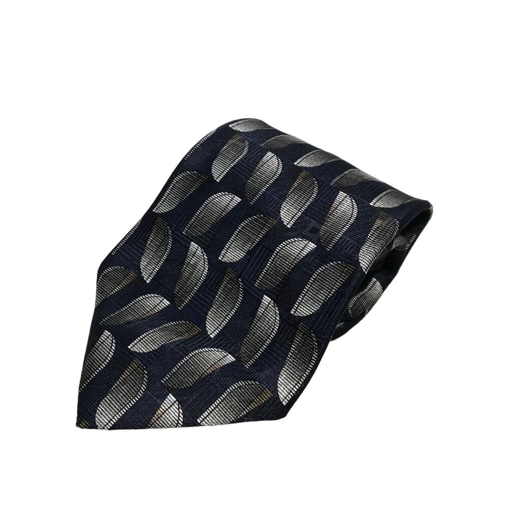 Bill Blass Black Label Mens Tie NBlue & Silver Geometric Leaf Pattern 100% Silk